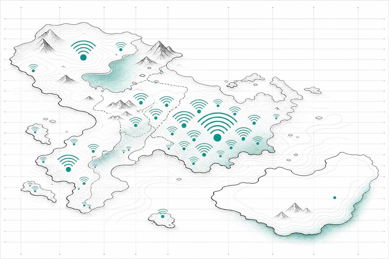 Ilustración de un mapa de contornos con ondas de señal de internet, densas en unas zonas y casi ausentes en otras